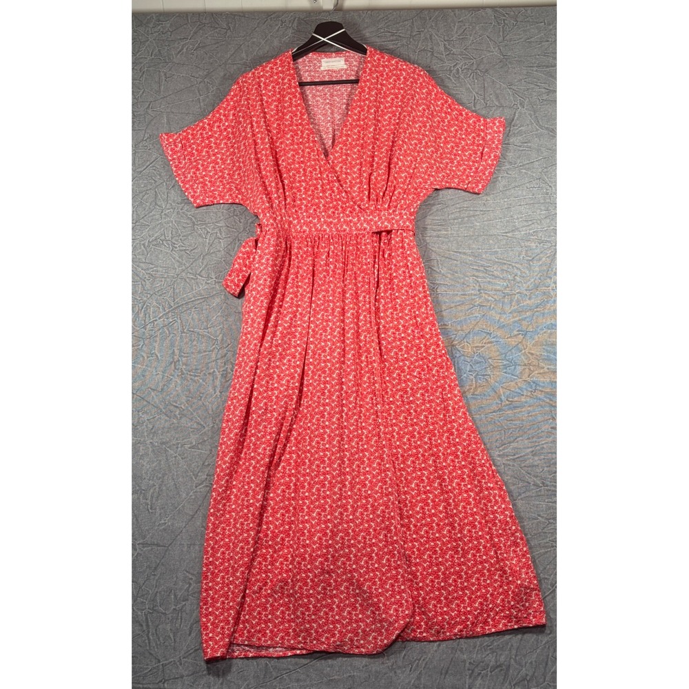 Urban Outfitters Dress Womens Large Red Floral Wrap Midi Short Sleeve V-Neck